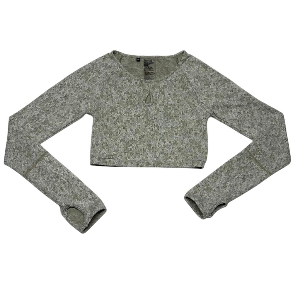 Gymshark Keyhole Neck Crop Top Long Sleeve Khaki Green Marl Thumbholes XS